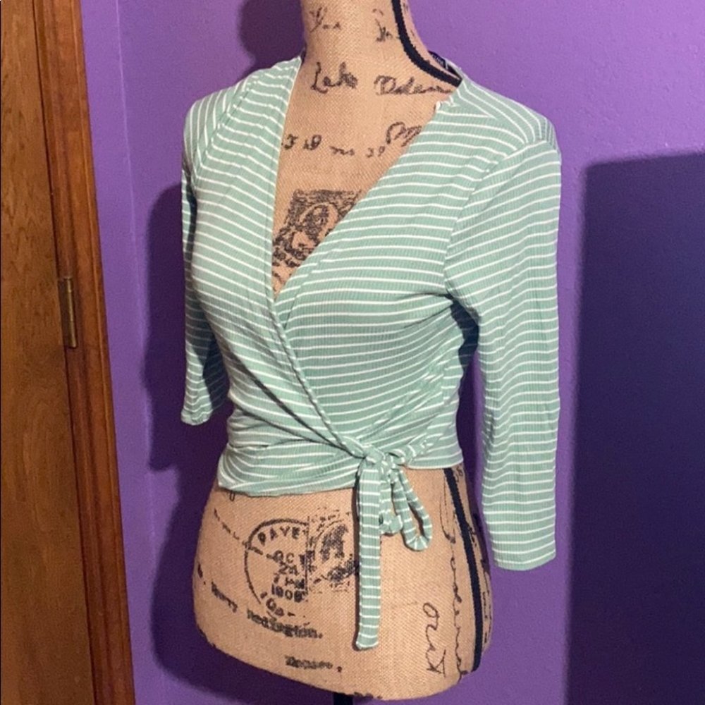 Wrap Tie Front Crop Top Sage Green & White Stripes